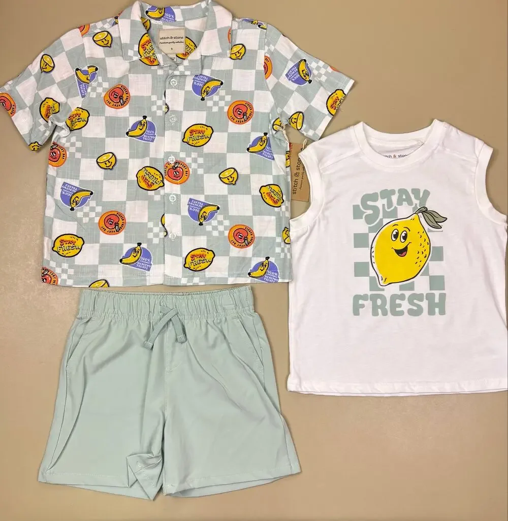 Stitch & Stone Boys Size 5 3 Piece Lemon Graphic Shirt Shorts Set NWT